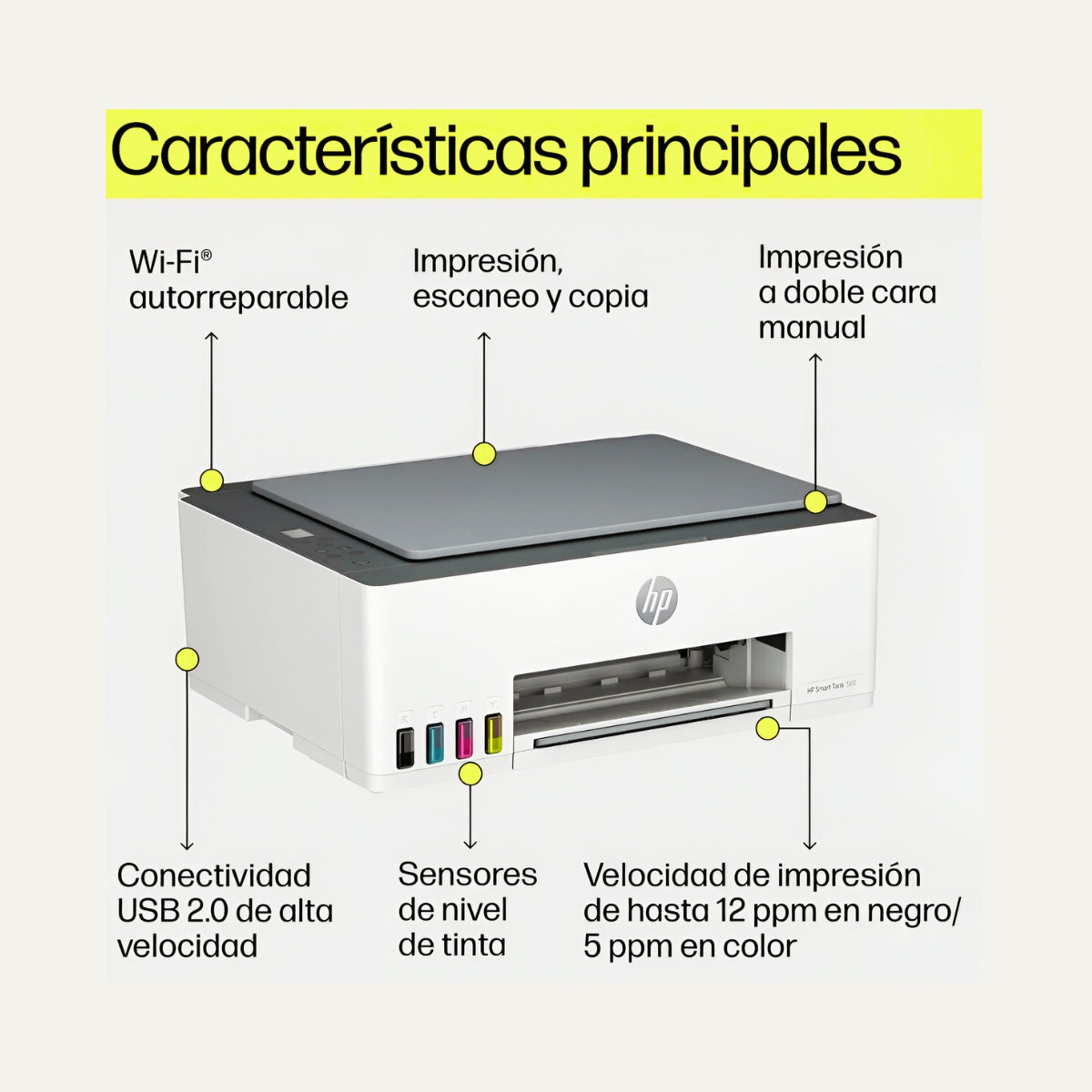 Impresora de inyección de tinta multifunción HP Smart Tank 580 Inalámbrico